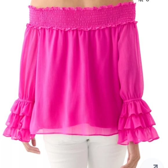 CeCe Elegant Red Ruffled sleeve Women's smocked off shoulder blouse top.  #492 - Picture 13 of 15